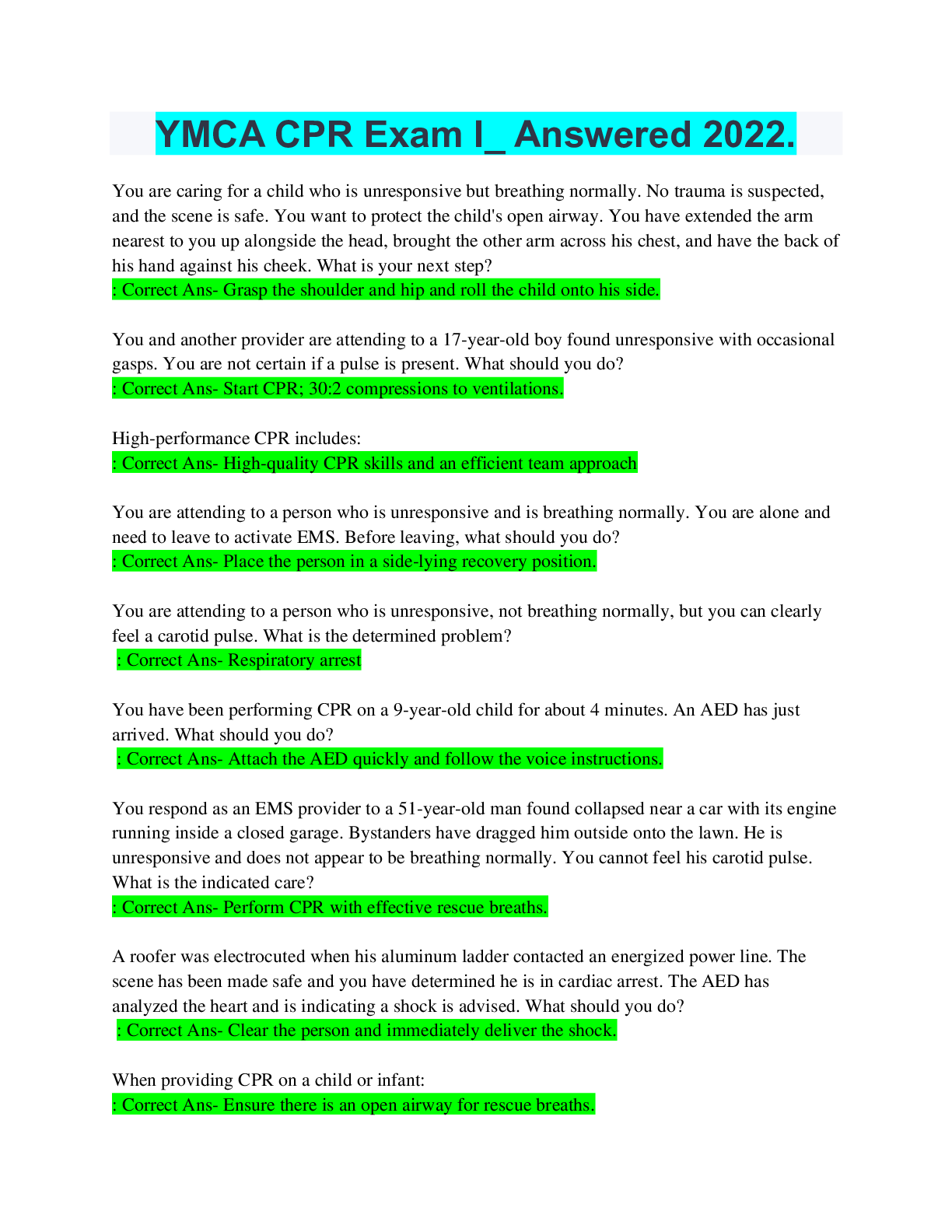 Preview image for Emergency Medicine YMCA CPR Exam I Answered latest spring  .